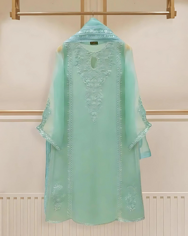 4 Piece Stitched Organza Embroidered Dress, BL-16 in blue
